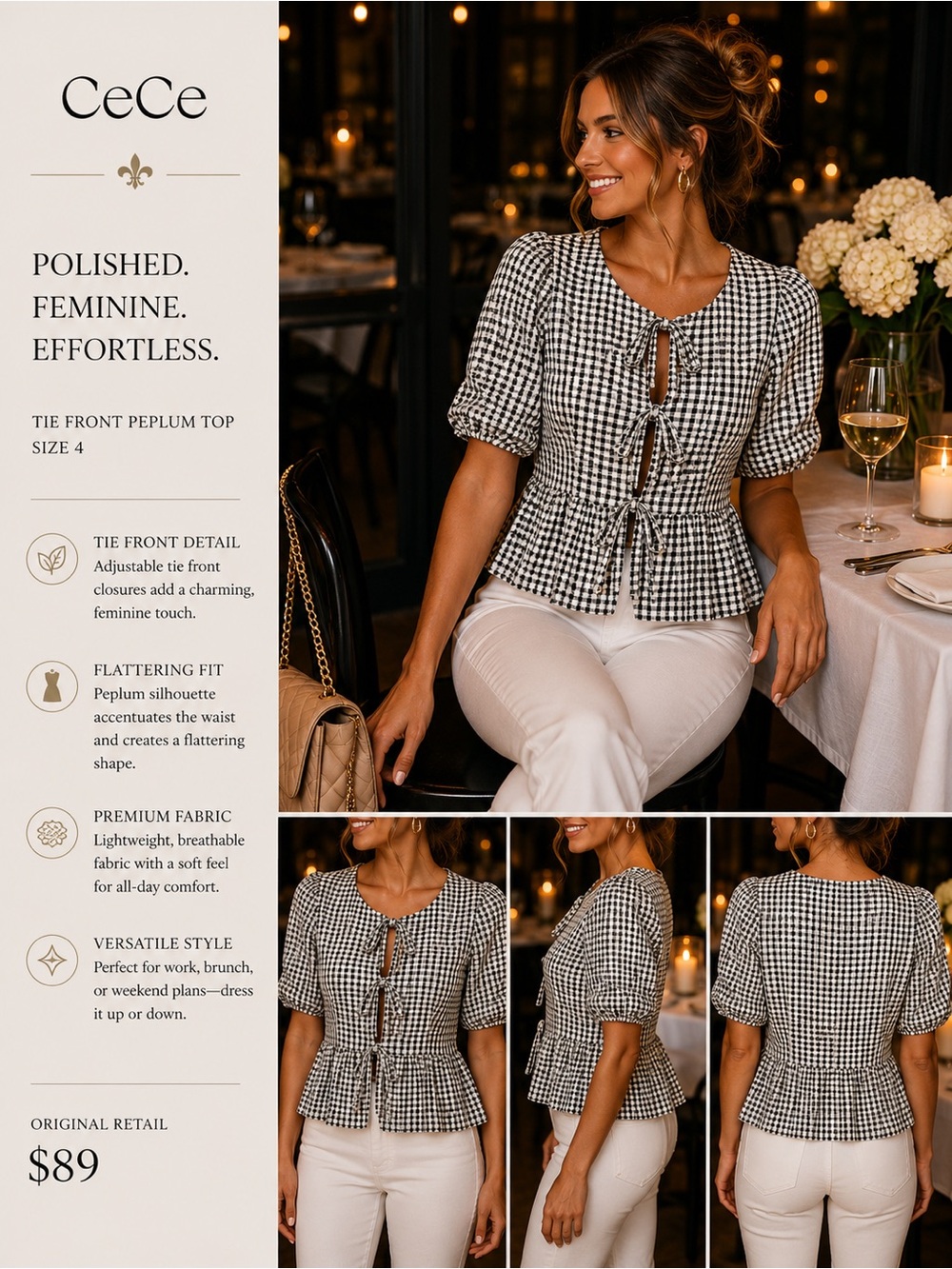 CeCe Black & White Houndstooth Tie-Front Peplum Blouse